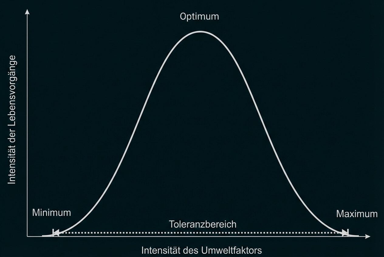 Glockenkurve: Intensität der Lebensvorgänge vs. Intensität des Umweltfaktors mit Minimum, Optimum, Maximum und Toleranzbereich.
